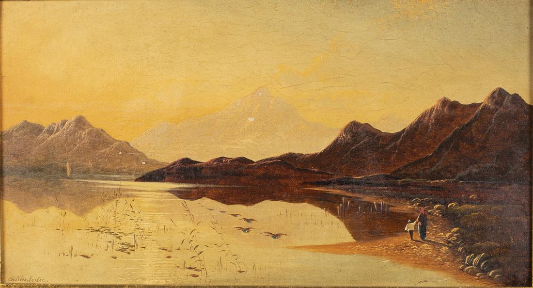 Charles Leslie, Two Landscape Scenes, Oil: Property from a South Carolina Collector (PA/UK, 1794-1859), one signed lower left, both of mountainous scenes with a lake and figures, in giltwood frames. Frame size: 17 in. x 25 in. By sight: H. 9 1