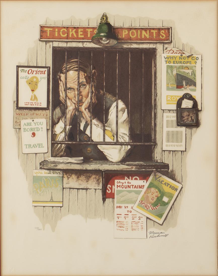 Norman Rockwell, Ticket Taker, Lithograph: Property from a Private Collector, Savannah, GA (NY/MA, 1894-1978), pencil signed bottom right, numbered lower left 128/200, with Arches paper watermark, and gallery print documentation attached to ba