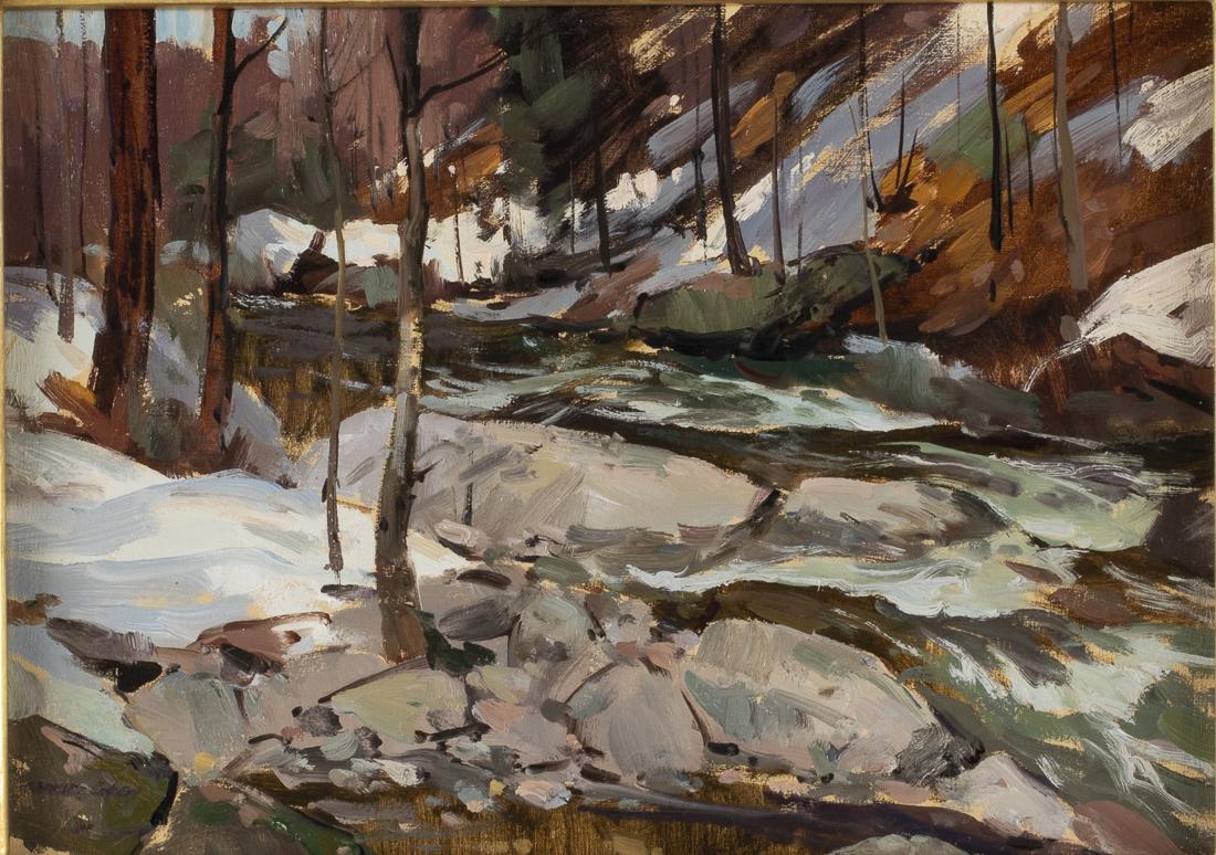 Bernard Corey, River Landscape: Property of a Private Collection, Savannah, GA (MA, 1914-2000), River Landscape, oil on canvas, signed lower left, with estate stamp on back, in a giltwood frame. Frame size: 16 1/4 in. x 20 1/4 in. B