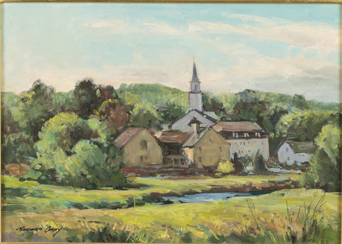 Bernard Corey, River Landscape, Oil on Canvas: Property of a Private Collection, Savannah, GA (MA, 1914-2000), River Landscape with Church in the Background, Oil on Canvas, signed lower left, with Estate label on the back signed by Paul A. Royka, 