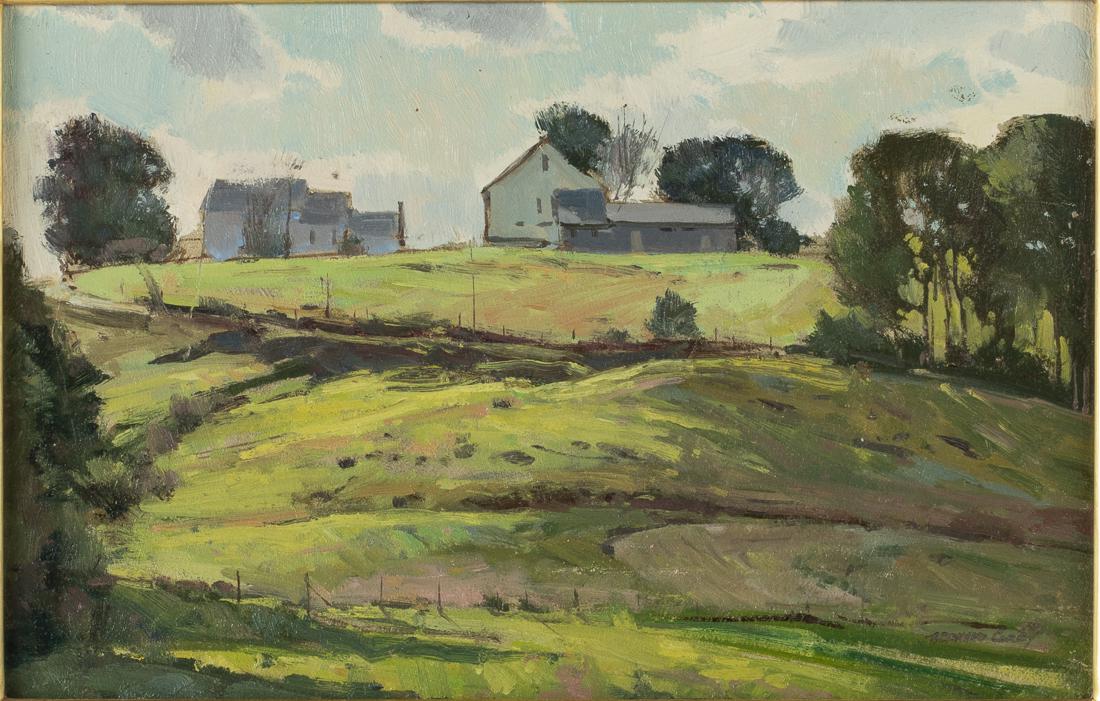 Bernard Corey, Farm on the Hill, Oil on Masonite: Property of a Private Collection, Savannah, GA (MA, 1914-2000), Farm on the Hill, Oil on Masonite, signed lower right, with Wiscasset Bay Gallery label on the back, in a giltwood frame marked Goodnow.