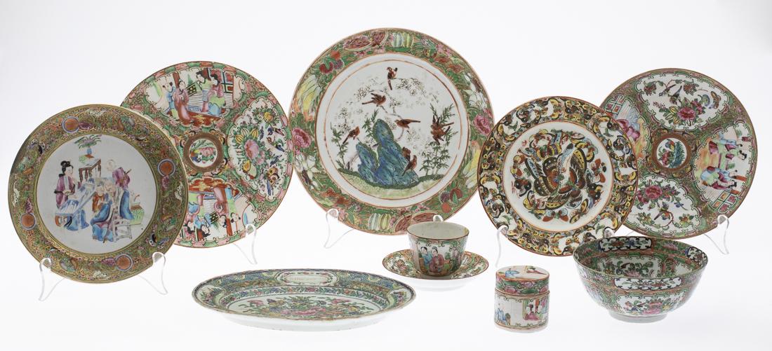 Group of 10 pieces Chinese Famille Rose Porcelain: Property from a Private Collection, Hilton Head Island, SC comprising a small bowl (broken and repaired with inpainting), a cup (broken and repaired) and saucer (small hairline crack to edge), a small