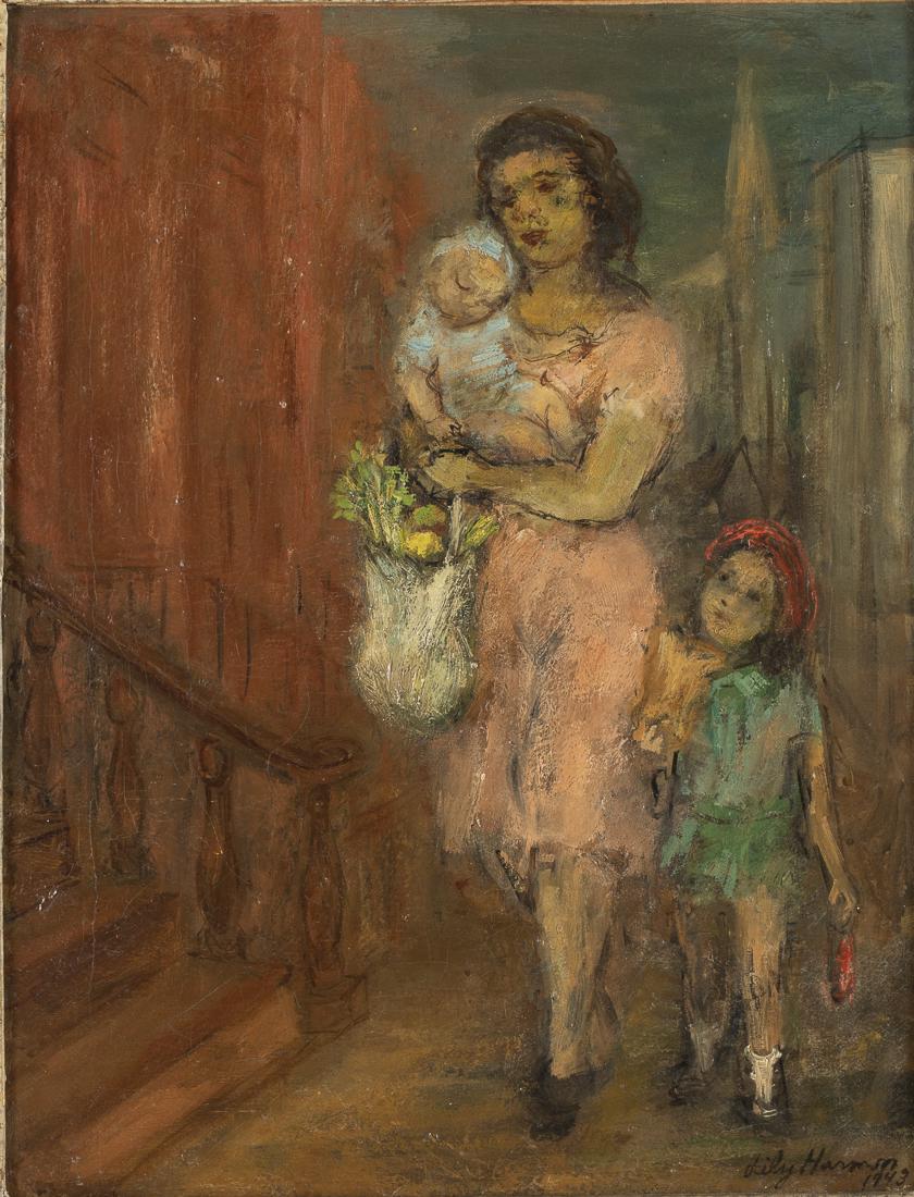 Lily Harmon, Mother and Children, Oil on Canvas: Property from the Estate of Judie Weiss Formerly in the Collection of Moses Weiss, NYC (NY/CT, 1912-1998), signed bottom right and dated 1943, depicting mother with baby and little girl, along a city 