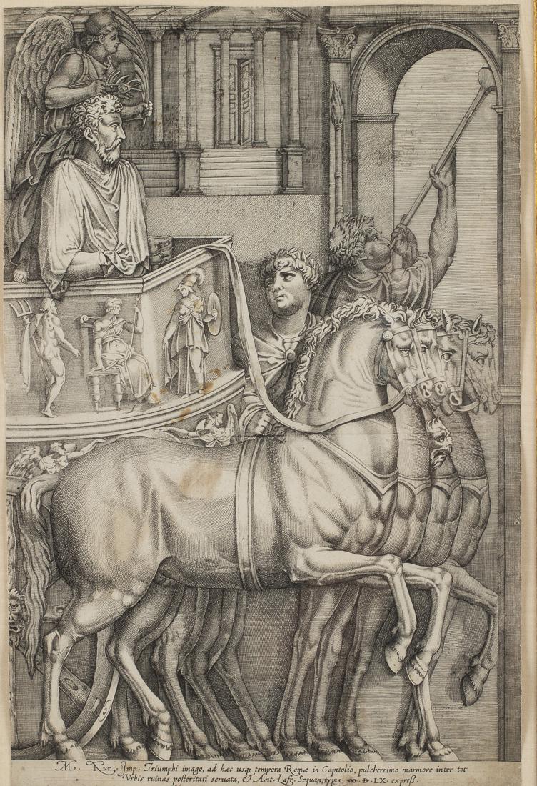 Nicolas Beatrizet, Engraving, c. 1560: Property of a Private Collection, Savannah, GA (French, 1515-1565), 'Entrata trionfante di Marco Aurelio', Engraving, matted and floating within the frame. Frame size: 29 in. x 22 1/2 in. Dimensions o