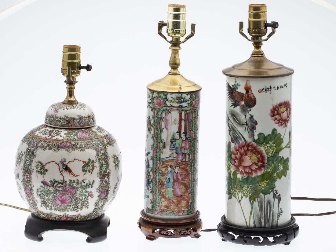 3 Chinese Porcelain Lamps: Property from a Private Collection, Hilton Head Island, SC comprising a famille rose ginger jar mounted as a lamp, a famille rose vase mounted as a lamp, and another larger vase mounted as a lamp. Siz
