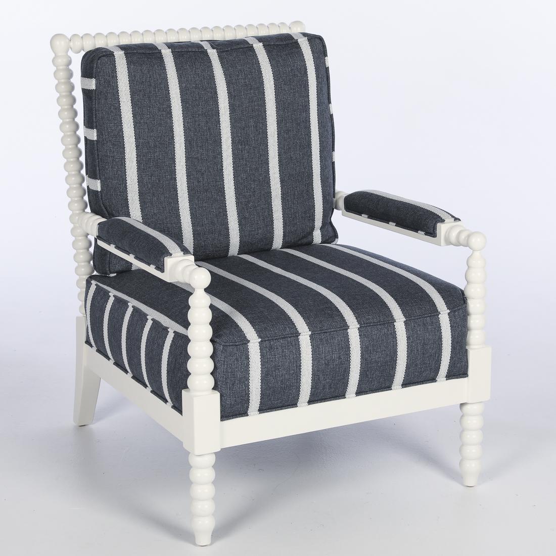 Modern White Bobbin Turned Open Armchair: with loose back cushion and overupholstered seat cushion. H. 37 1/2 in. x W. 28 5/8 in. x D. 29 in.