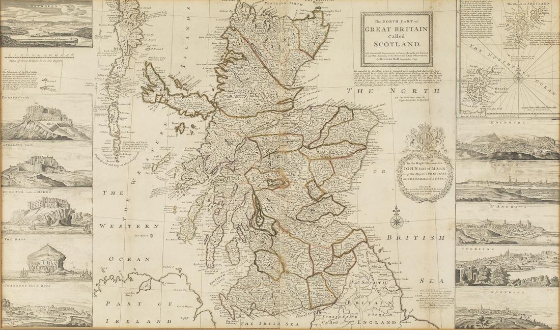 Herman Moll, Map of Scotland, 1714: Property of a Private Collection, Savannah, GA (British, 1654?-1732), The North Part of Great Britain Called Scotland, 1714, engraved map with outline color, matted and framed. Frame size: 32 1/2 in. 