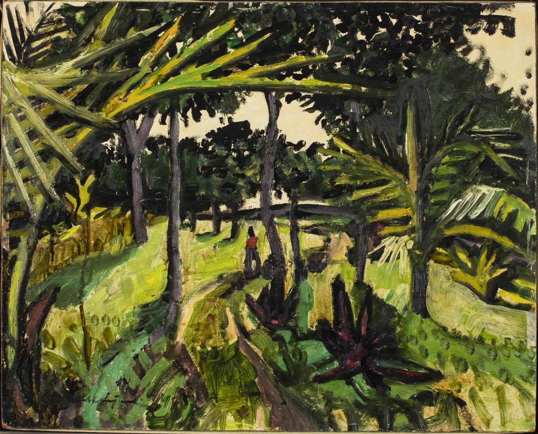 Michael Leszcynski, Shadows in My Garden, Oil/Board: Property from the Estate of Judie Weiss Formerly in the Collection of Moses Weiss, NYC (Jamaica/Poland, 1906-1972), Shadows in My Garden, Oil/Board, signed and dated 1965 lower left, depicting trees a