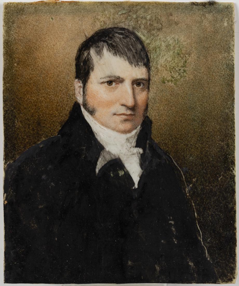 British School, Portrait of a Gentleman, Oil, 19th C: Property from the Collection of Lady Grundy, Cocoa Beach, FL British School, Portrait of a Gentleman, Oil, 19th Century, unsigned, with label on the back from 'J. Chaundy & Son, Carvers, Gilders, Prin