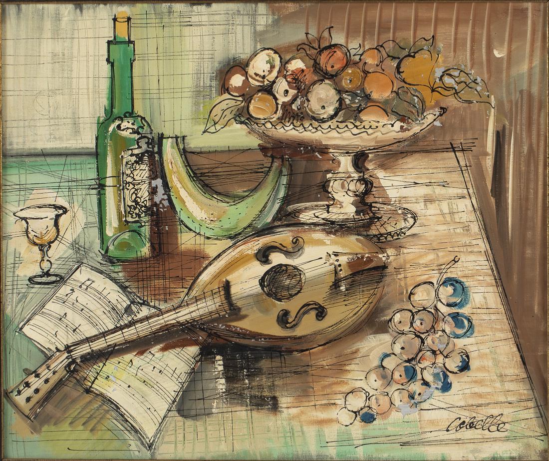 Charles Cobelle, Still Life, Oil on Canvas: Property from a Private Collection, Savannah, GA (1902-1998), Still Life with Musical Instrument, Oil on Canvas, signed lower right, depicting fruit in a bowl, wine bottle and musical instrument. Fram