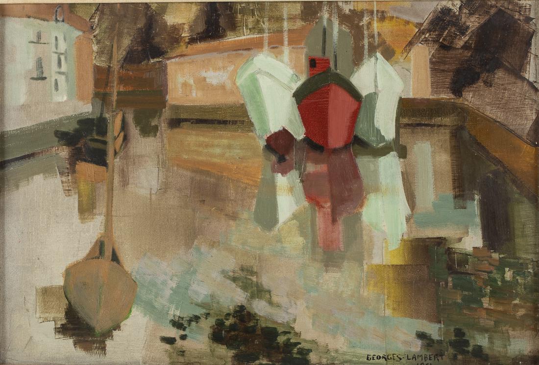 Georges Lambert, L'Estuaire, Oil on Canvas, 1961: Property from a Private Collection, Savannah, GA (French, 1919-1998), L'Estuaire, Oil on Canvas, 1961, signed bottom right and dated 1961, titled and dated on the back, depicting boats. Frame size: 19