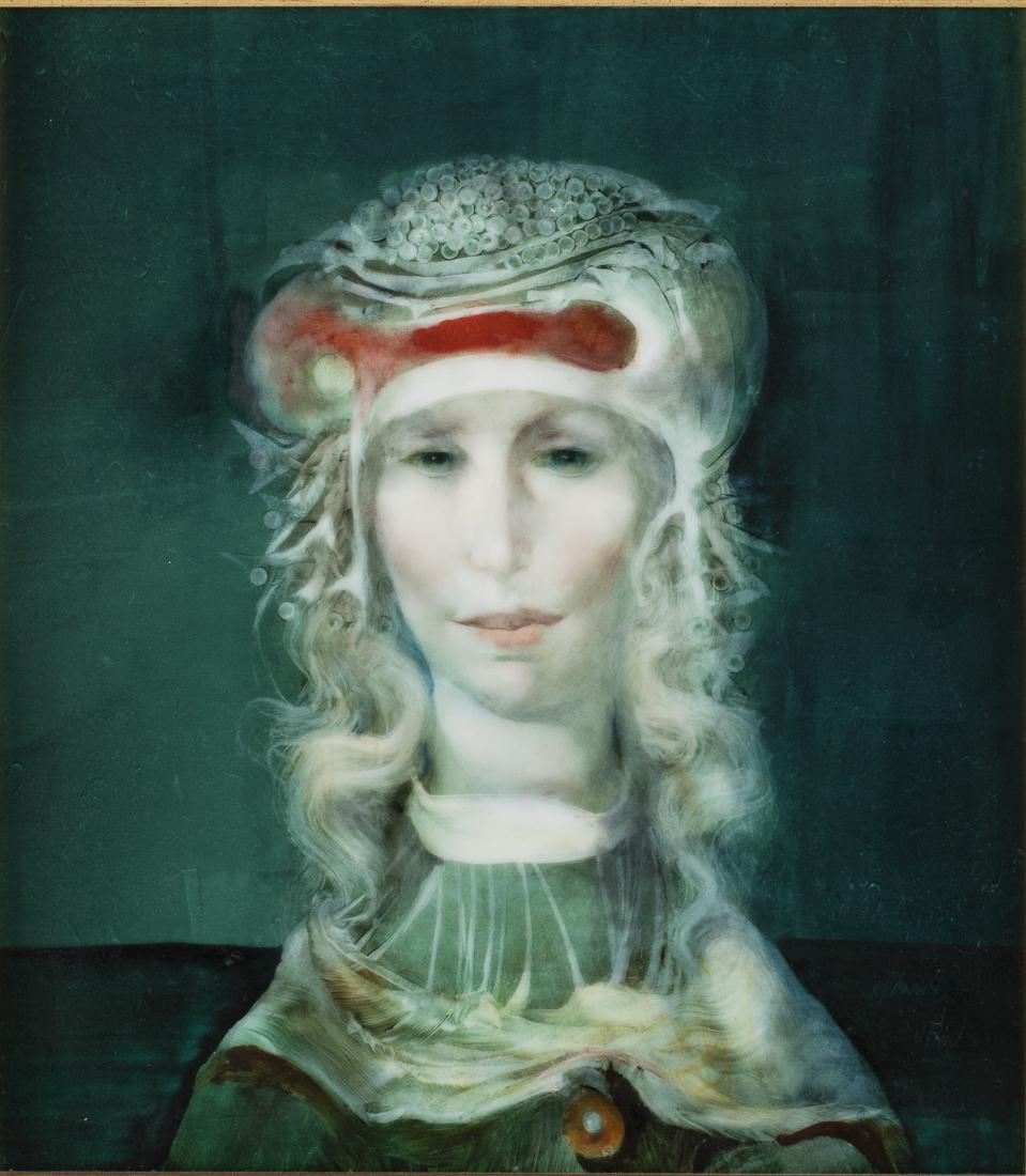 Endre Szasz, Portrait of a Woman, Oil on Panel: Property of a Private Collection, Savannah, GA (Ont/CA/Hungary, 1926-2003), signed lower right, a surrealistic portrait of a woman with teal background, matted and framed. Frame size: 30 in. x 28 in.