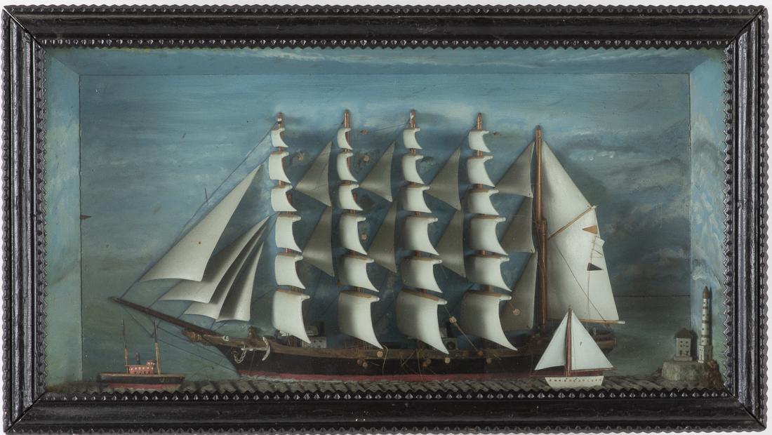 Ship Diorama, 19th/20th Century: Property of Greenwich / Dataw depicting a five masted ship with light house, small sailboat and tug boat, in a tramp art style shadowbox frame. Size of frame: H. 18 2/4 in. x W. 33 1/2 in. x D. 5 in.