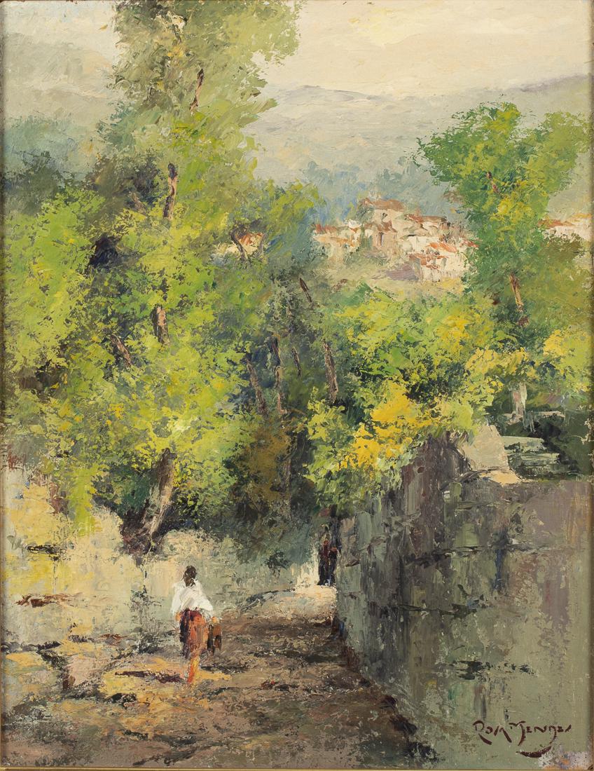 Francisco Rosa Mendes, Road with Figure and Village: Property from the Estate of Judie Weiss Formerly in the Collection of Moses Weiss, NYC (Portugal, 20th Century) signed lower right, depicting a figure on a road with trees and village in the backgroun