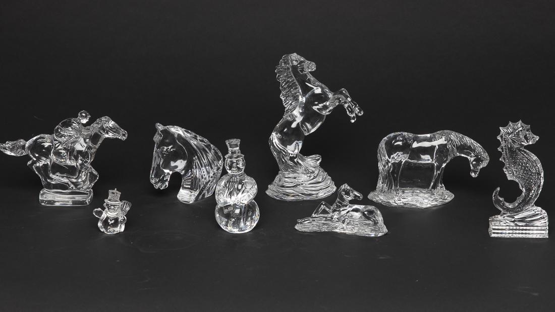 8 Waterford Glass Articles: Property from the Estate of Judie Weiss Formerly in the Collection of Moses Weiss, NYC comprising a standing horse, a horse on its back legs, a fowl laying down, a running horse with jockey, a horse h