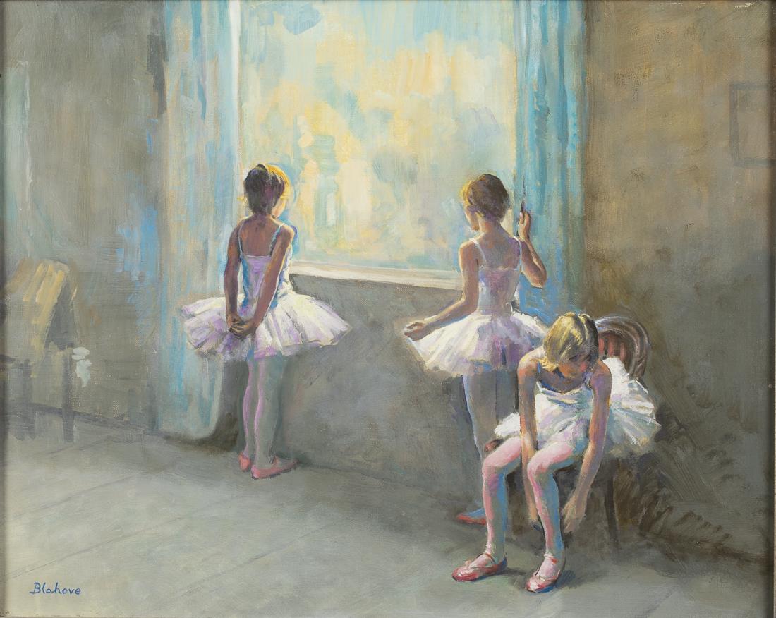 Marcos Blahove, Ballerinas, Oil on Canvas: Property of a Private Collection, Savannah, GA (Savannah/Ukraine, 1928-2012) signed lower left, depicting three young ballerinas in an interior. Frame size: 21 3/4 in. x 26 in. By sight: H. 15 5/8 in.
