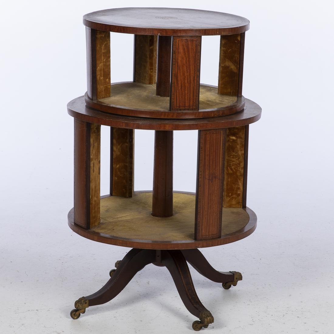 Edwardian Satinwood & Mahogany Revolving Bookstand: Property from a Private Collection Savannah, GA with velvet lined shelves (very worn), on downswept legs ending in paw caps, on casters. H. 37 1/2 in. x W. 25 in.