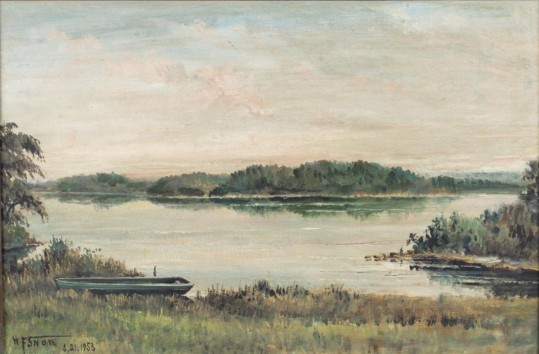 Warren F. Snow, River Landscape, Oil on Masonite: Property from a Private Collector, Savannah, GA signed and dated 6.21.1953 lower left, depicting a rowboat and marsh scene. Frame size: 19 1/4 in. x 27 in. By sight: H. 15 1/4 in. x W. 22 3/4 in.