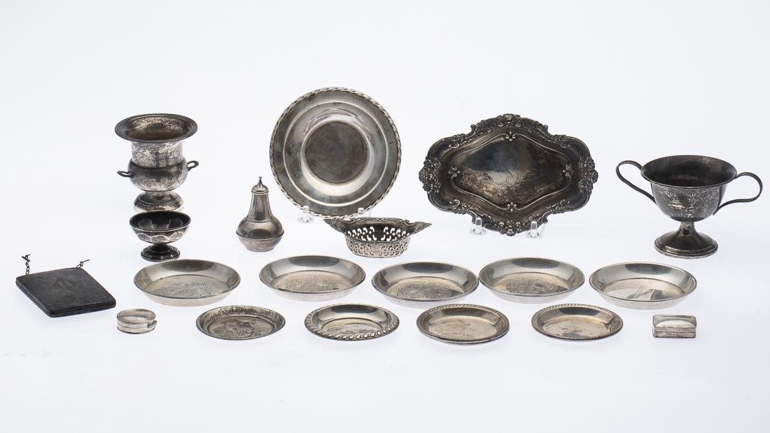 20 Miscellaneous Sterling Silver Table Articles: Property from a Savannah, GA Estate comprising oval bowl monogramed S and marked Wallace and Sons, pierced nut dish monogramed and marked Gorham, 2 pill boxes, 10 various coasters, 3 engraved 'V', one