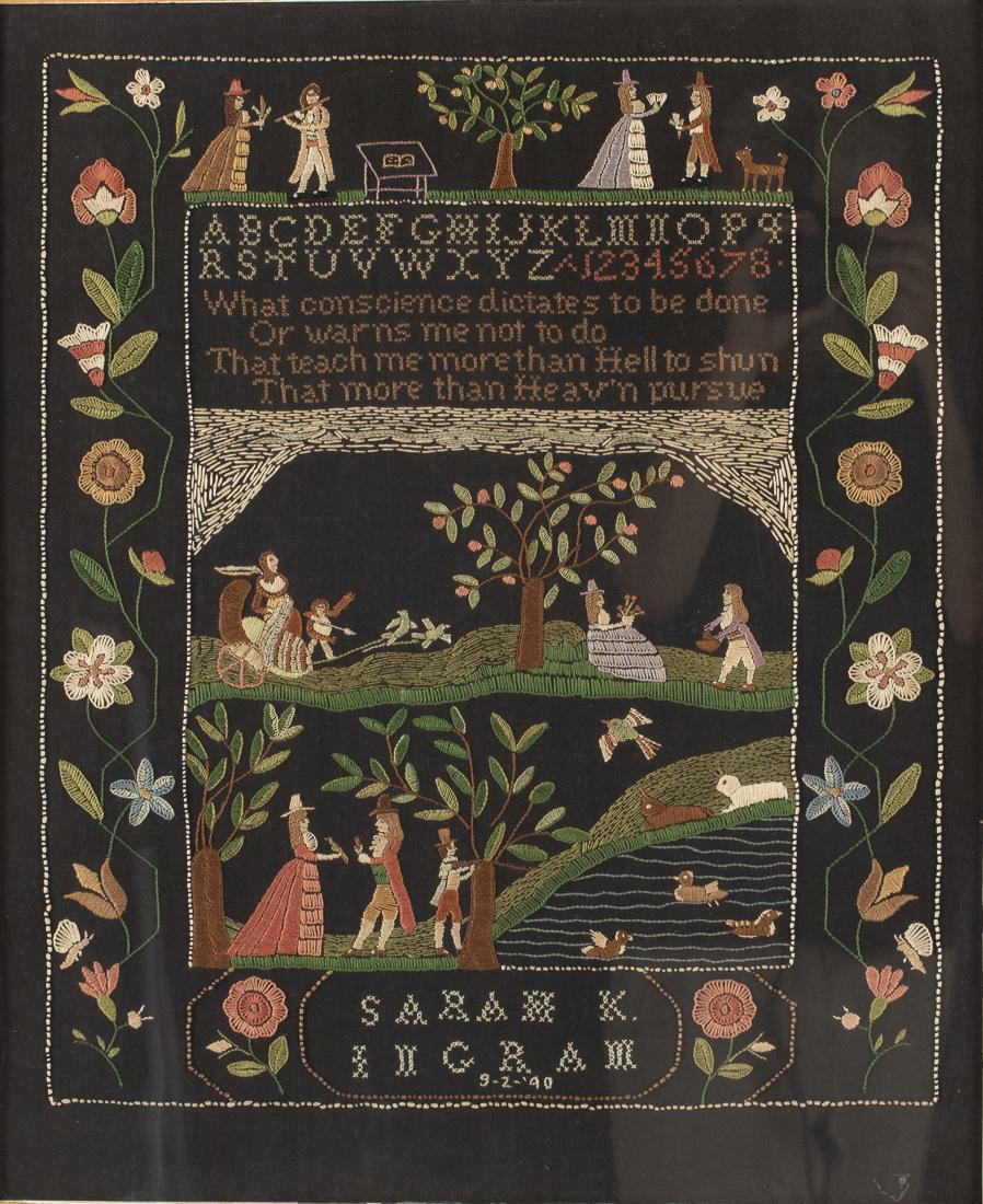 Sampler, Signed Sarah Ingram, 1940: Property from a Private Collection, Georgia embroidered with alphabet, courting couples, flowers and insects, in a maple frame. Frame size: 28 1/2 in. x 24 1/2 in. By sight: H. 22 3/4 in. x W. 18 3/4 