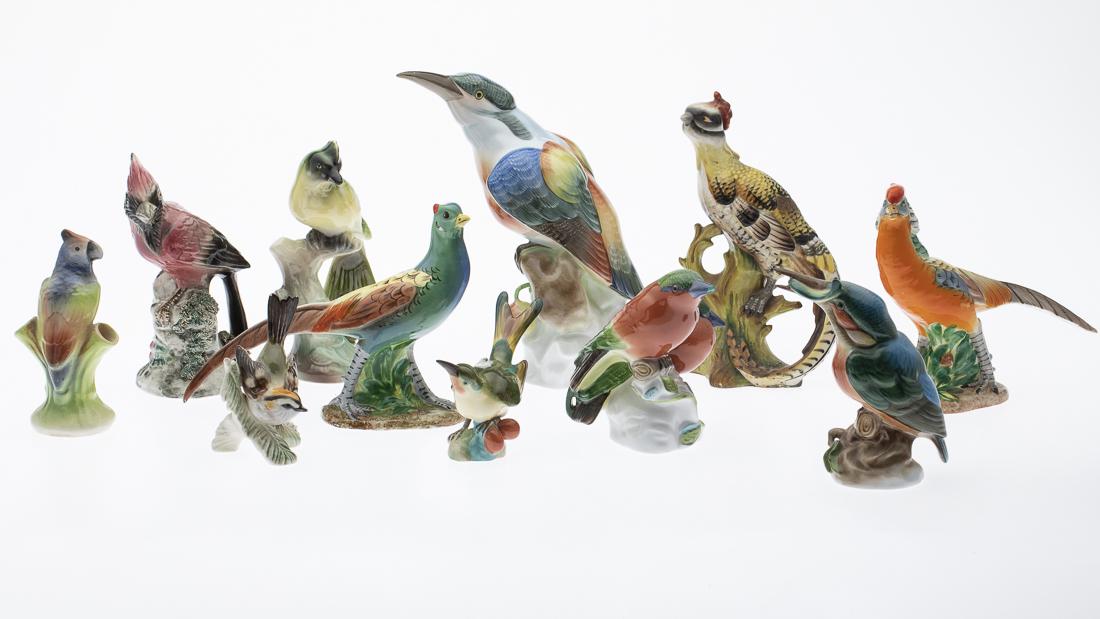 11 Ceramic Birds Including Herend: Property from a Savannah, GA Estate comprising four miscellaneous birds marked 'Herend Hungary' one with chip to tip of beak, one bird marked 'made in Czechoslovakia' with frit to left side of stump, 