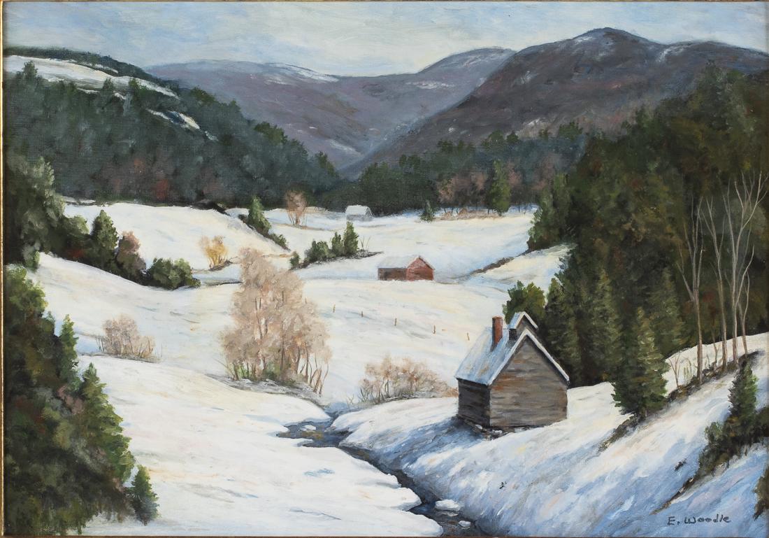Edgar L. Woodle Jr., Vermont Winter, Oil on Canvas: Property of a Private Collection, Savannah, GA signed lower right, depicting a snow covered mountainous landscape with cabins, in a giltwood frame. Frame size: 22 in, x 27 1/4 in. By sight: H. 12 1/4 