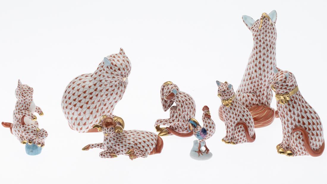 9 Herend Porcelain Animals: Property from a Savannah, GA Estate comprising a fox, monkey, ram, rooster, and five cats of various sizes, all marked 'Herend Hungary Handmade' and incised ID number on bottom. Size o