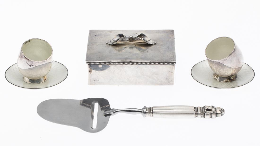 5 Danish Sterling Silver Articles and Sterling Box: Property from the Estate of Judie Weiss Formerly in the Collection of Moses Weiss, NYC comprising a pair of Danish sterling and enamel toothpick holders marked 'A. Michelson Copenhagen,' a pair of sma