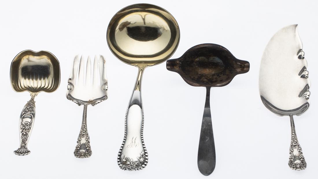 Gorham Sterling Silver Ladle & 4 Serving Utensils: Property from a Savannah, GA Estate comprising Gorham ladle engraved 'W' ( 12 in. long), one sauce spoon with British sterling hallmarks, square serving spoon marked 'sterling' and engraved 'Estill',