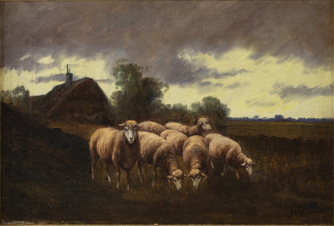 British School, Landscape with Sheep, Oil on Canvas: Property of a Private Collection, Savannah, GA illegibly signed lower right, depicting sheep with thatched cottage in the background, in a giltwood frame. Frame size: 17 3/ 4 in. x 24 in. By sight: H.
