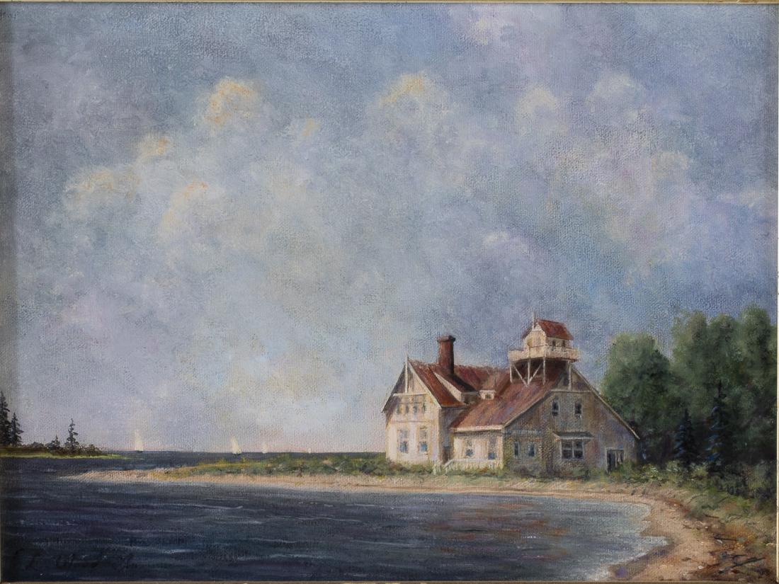 Edgar L. Woodle Jr., Life Saving Station, Popham, ME: Property of a Private Collection, Savannah, GA oil on canvas, signed lower left, depicting the life saving station along a cove with sailboats in the background, in a giltwood frame. Frame size: 14 1/