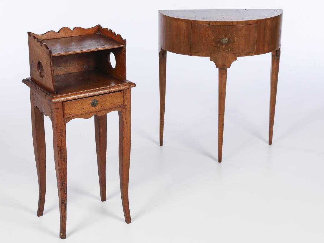 Italian Walnut Demilune Table & French Bedside Table: Property of a Private Collection, Savannah, GA the demilune with frieze drawer on square tapering legs. The bedside table with galleried shelf and frieze drawer on slight cabriole legs (30 1/2 in. x 1