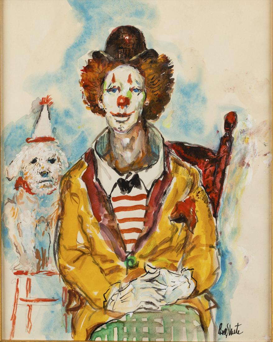 Ben Shute, Clown with Dog, Watercolor: Property from a Savannah, GA Estate Ben Shute (GA, 1905-1986), Clown with Dog, Watercolor, signed lower right. Frame size: 17 3/4 in. x 15 3/4 in. Height: by sight 10 3/8 in. x Width: 7 3/8 in.