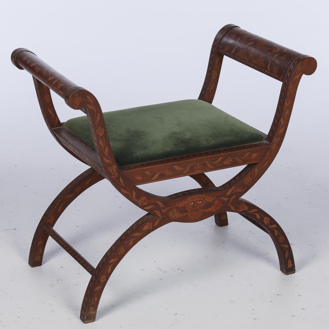 Continental Marquetry X-Form Stool, 20th Century: Property from a Florida Estate inlaid with masks and floral vines. h. 26 in. x W. 26 3/4 in. x D. 16 1/2 in.