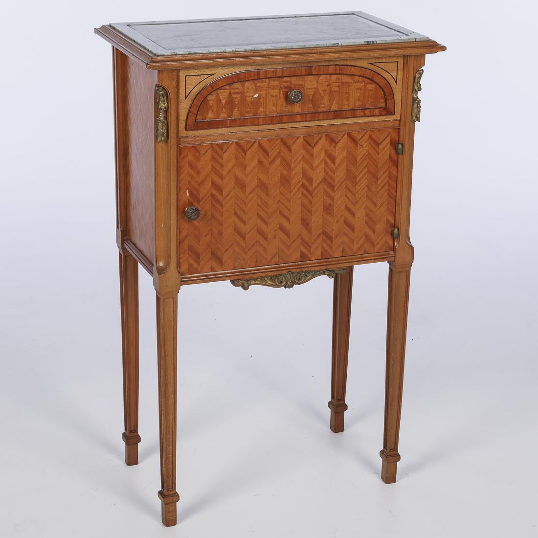 French Marble Top Bedside Table: with drawer over a door opening to a marble lined interior, raised on square tapering legs. H. 33 1/2 in. x W. 20 3/4 in. x D. 13 in.