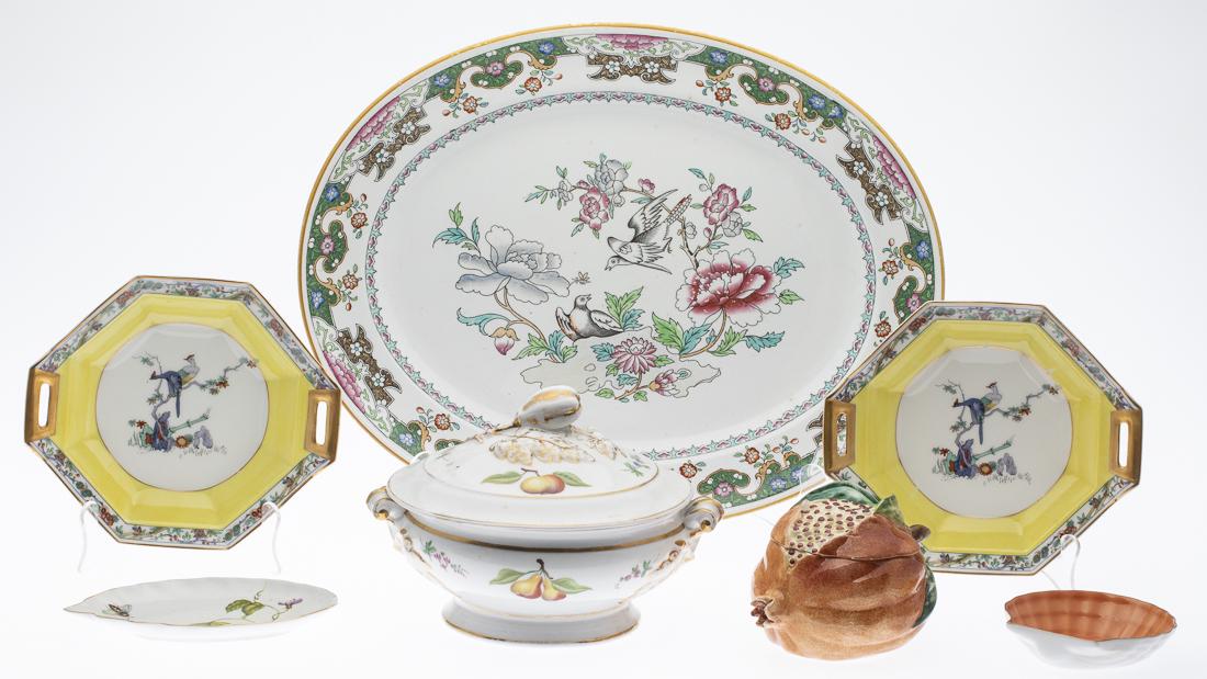 Group of 8 Ceramic Articles, 19th C and Later: Property from a Savannah, GA Estate comprising a Minton large serving platter decorated with birds and flowers with Minton & Co. mark, 19th Century, a lidded tureen decorated with flowers and fruit, s