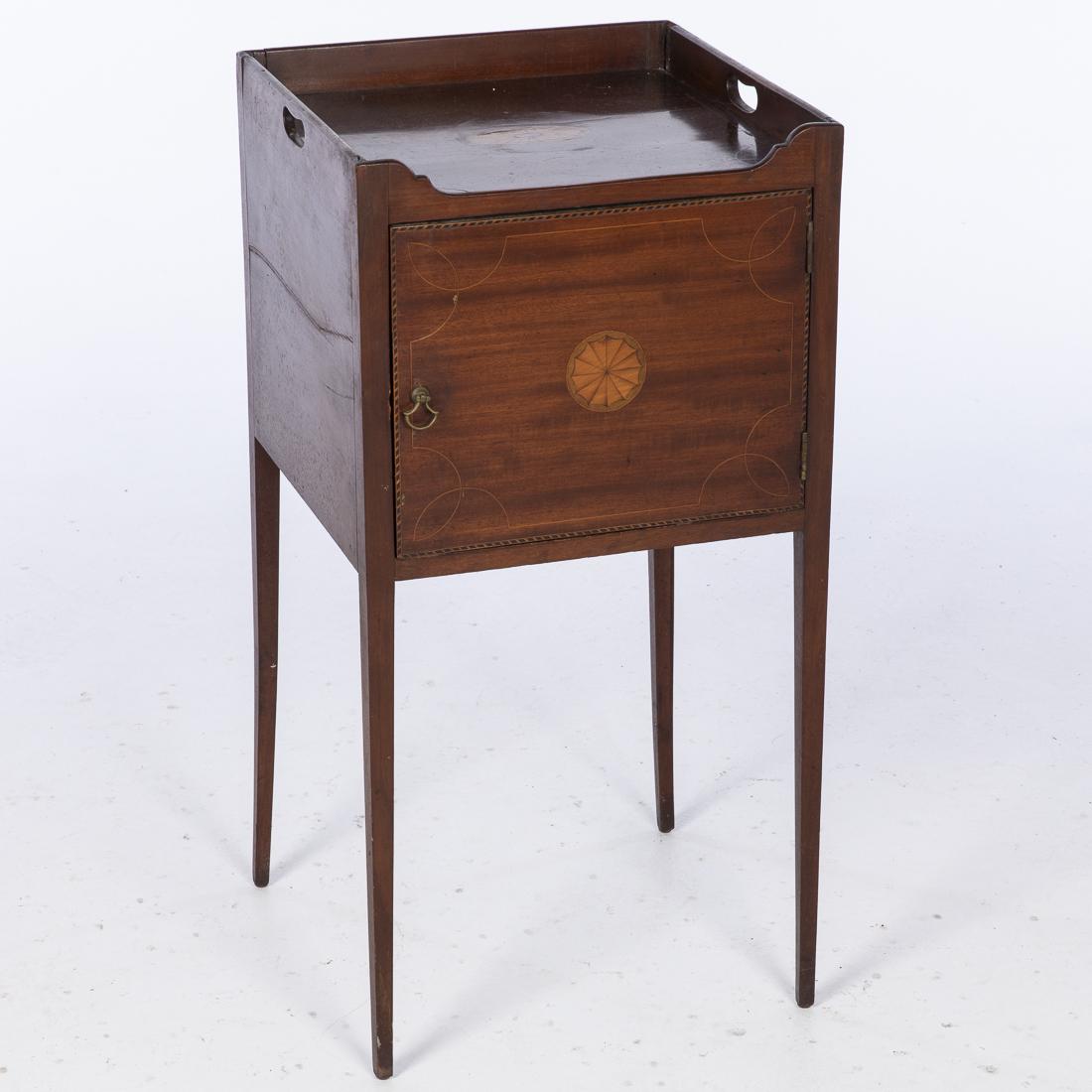 English Inlaid Mahogany Bedside Table, 19th Century: Property from a Savannah, GA Estate with three quarter galleried top with handholds above a door, raised on square tapering legs. H, 29 3/4 in. x W. 15 in. D. 15 in.