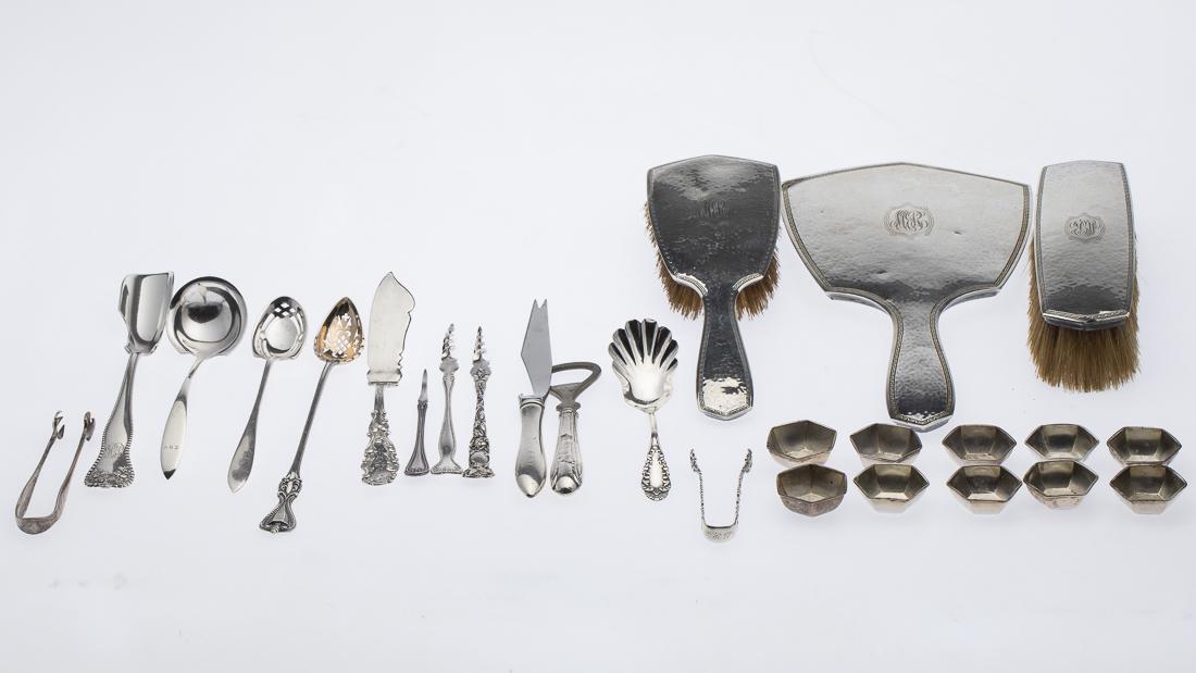 Sterling Silver Dresser Set and Miscellaneous Silver: Property from a Florida Estate comprising one handled hairbrush and one long hairbrush marked William B. Kerr Co., one hand mirror marked William B. Kerr Co., 10 small salt dishes marked 'SSMC,' one s