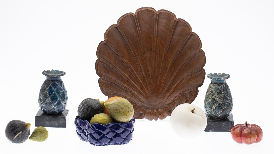 Group of Stone & Wood Decorative Articles: Property from a Savannah, GA Estate Italian carved wood shell dish, pineapple form alabaster bookends, a ceramic basket, and group of stone fruit. Wood dish marked 'AD' on bottom, ceramic basket marke