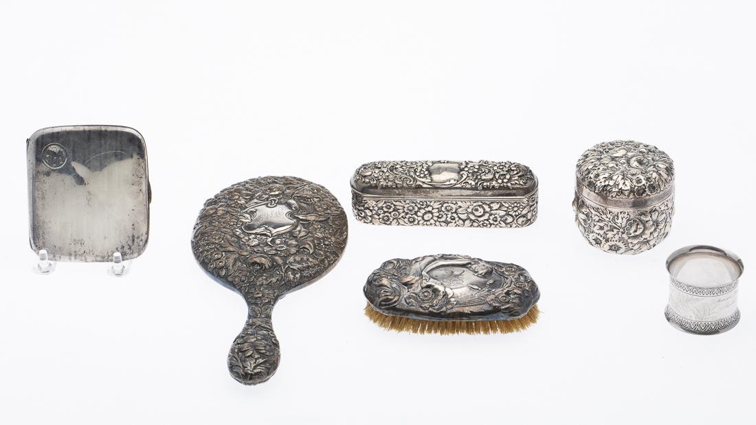 Group of Sterling Silver Personal Articles: Property from a Southern Estate comprising 2 boxes with dents to bases and lids one monogramed; hand mirror with monogram with dents to edges, scratches to glass, chip to bottom edge of mirror, some c