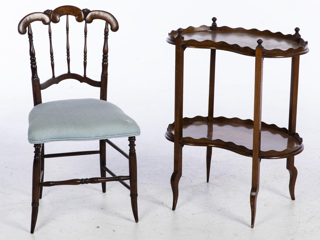 Victorian Wood Side Chair & Walnut Side Table: Property from the Collection of Lady Grundy, Cocoa Beach, FL Victorian Faux Grained Wood Side Chair and a Kidney Shaped Tiered Walnut Side Table, the side table with shell inlay and scalloped edge.
