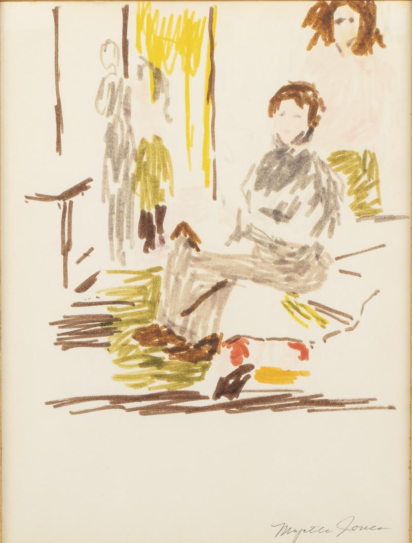 Myrtle Jones, Drawing of a Seated Figure, Marker: Property of a Private Collection, Savannah, GA (Savannah, 1913-2005) marker on paper, pencil signed lower right, matted and framed. Frame size: 19 1/2 in. x 16 1/2 in. By sight: H 10 3/8 in. x W. 7 3/
