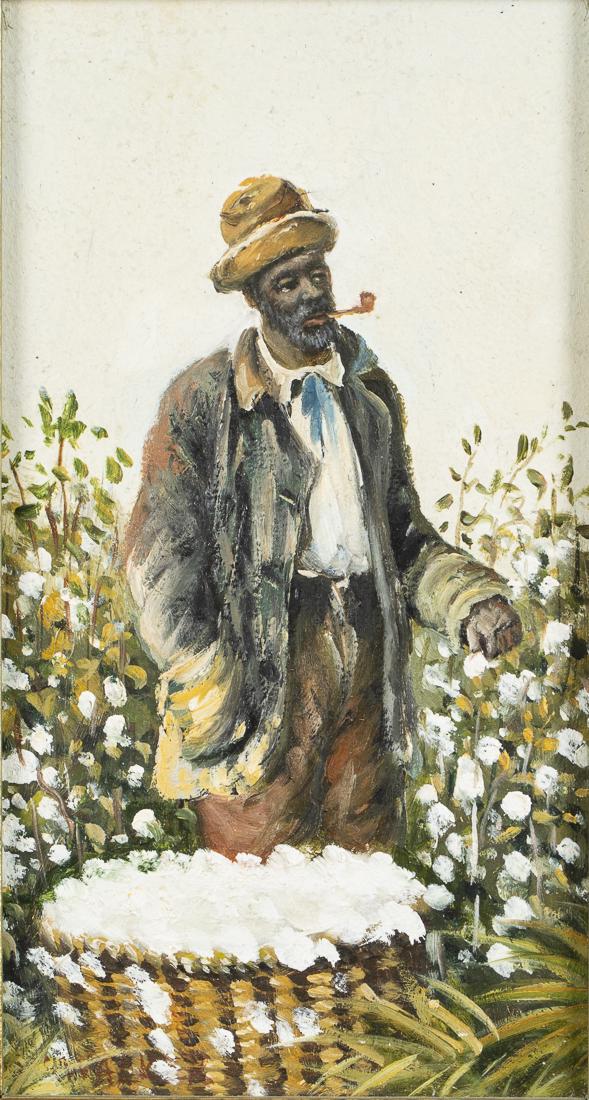After William Aiken Walker: Property of a Private Collection, Savannah, GA African American man with basket of cotton, oil on board, signed lower left. Frame size: 14 in. x 10 in. By sight: H. 8 1/2 in. x W. 4 1/2 in.