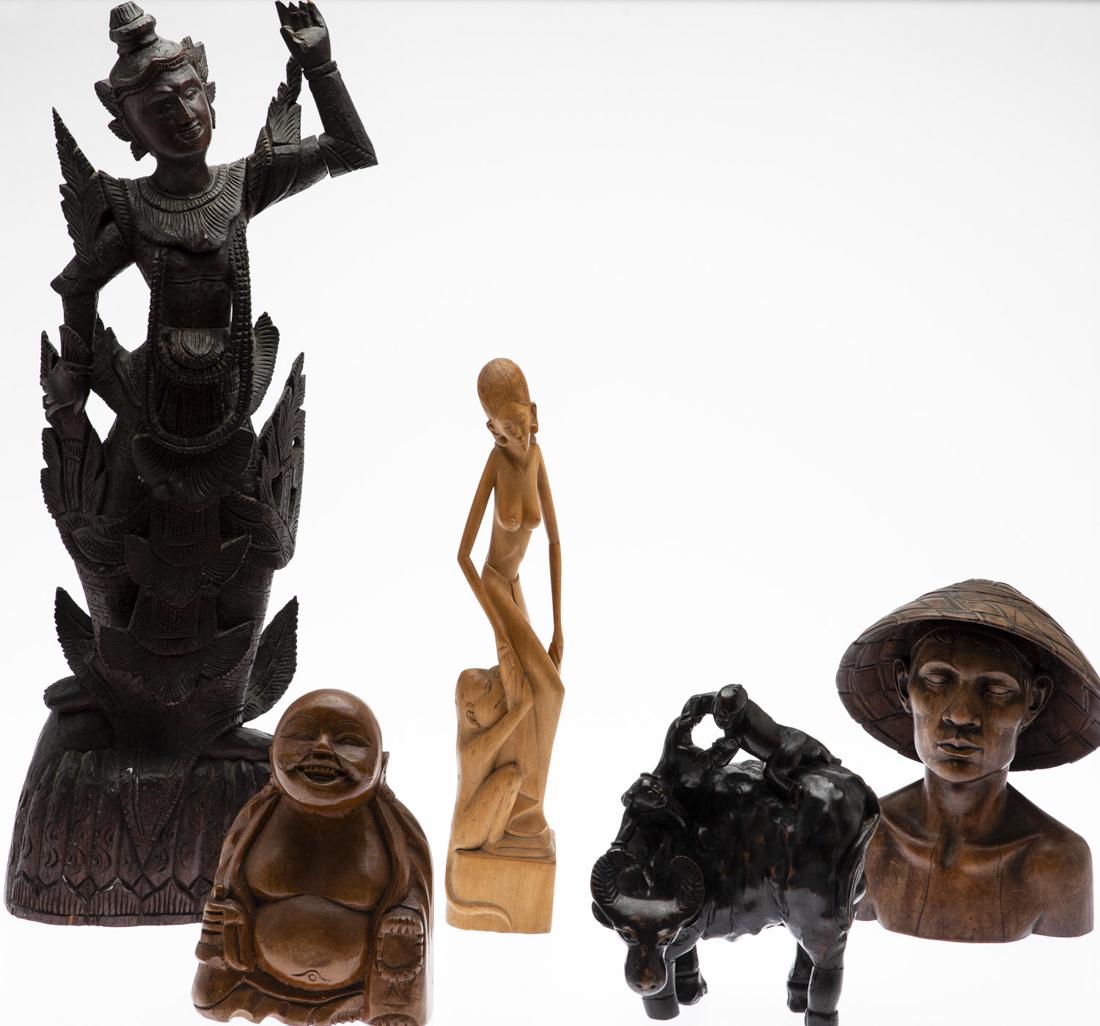 Group of 5 South East Asian Carved Figures: Property from the Collection of Lady Grundy, Cocoa Beach, FL Group of 5 South East Asian Carved Figures, comprising a standing figure, a nude female figure with a monkey, two children riding an ox, a 