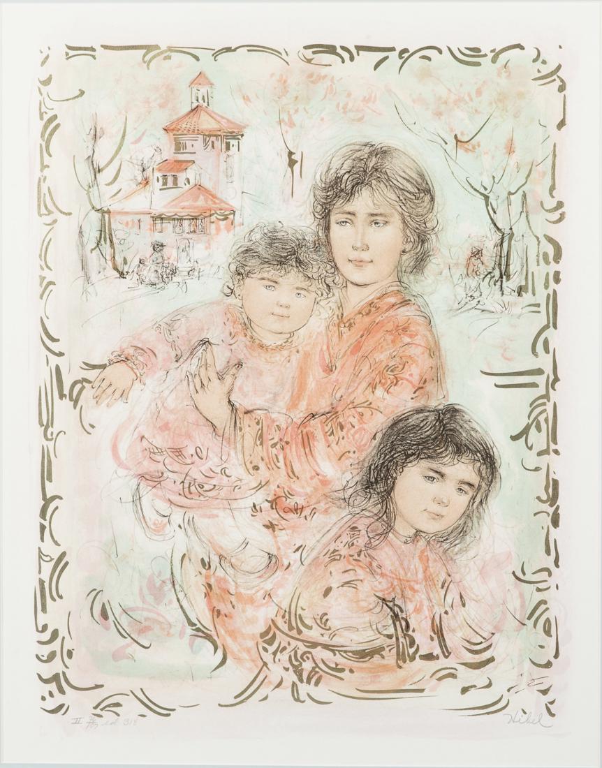 Edna Hibel, Mother and Daughters, Lithograph: Property from a Hilton Head Island, SC Estate Edna Hibel (MA, 1917-2014), Mother and Daughters, Lithograph, pencil signed lower right and numbered 'II 96/107 ed 318,' matted and framed. Frame size: 34