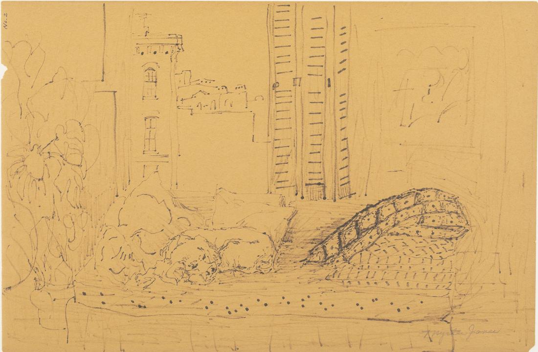 Myrtle Jones, Drawing of Dog, Pen and Ink: Property of a Private Collection, Savannah, GA (GA, 1913-2005), signed bottom right and marked No. 2 in upper left corner, depicting dog on bed with shutters behind opening to buildings, matted and fr