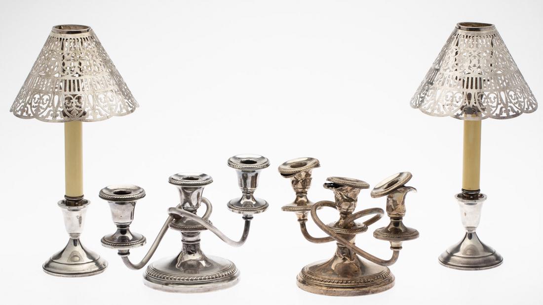 Two Whiting Candelabra and Two Towle Single Sticks: Property from the Collection of Lady Grundy, Cocoa Beach, FL Pair of Whiting 3 Light Candelabra and Pair Towle Single Sticks, with Gorham pierced shades. Height: of candlesticks with shades 13 1/2 in.
