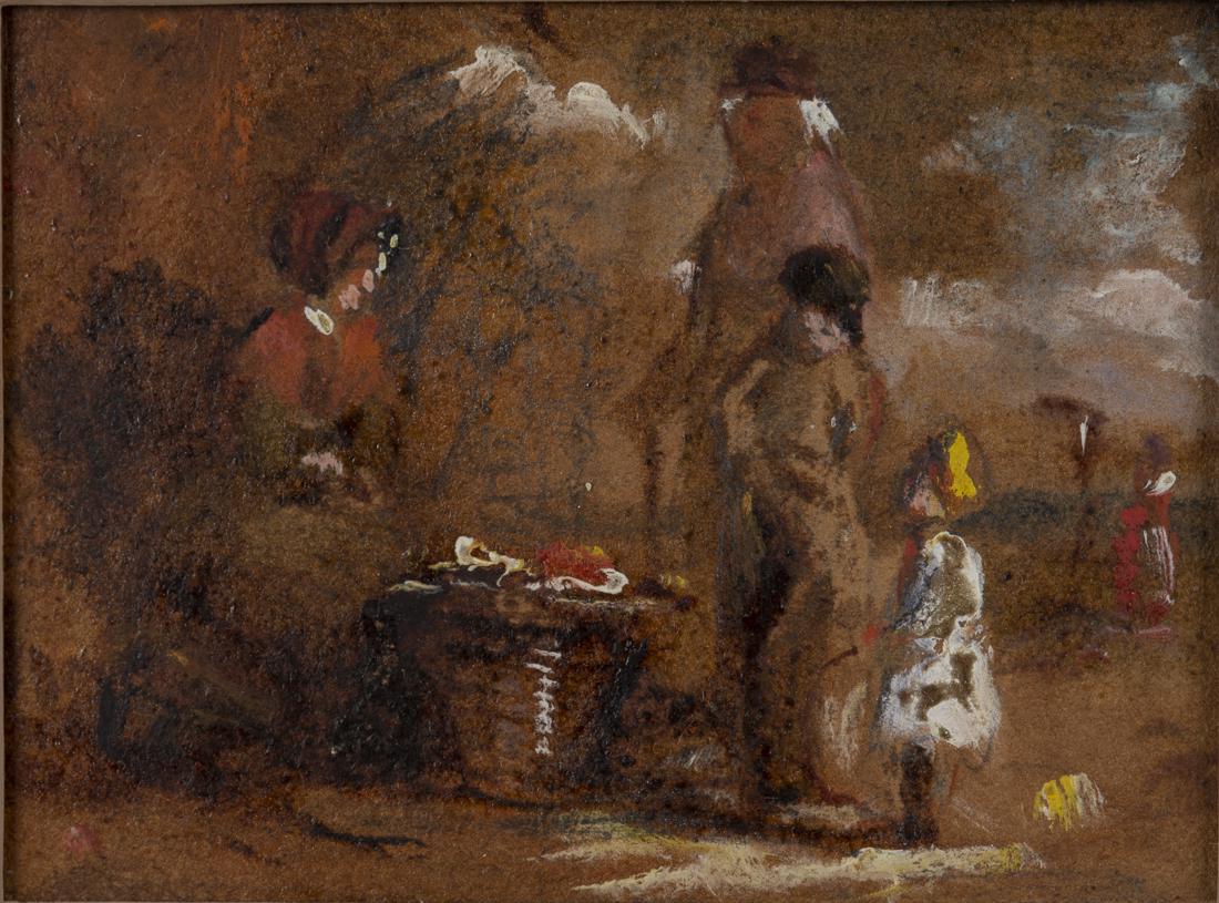 British School, Small Watercolor, 19th Century: Property from a Savannah, GA Estate unsigned, depicting a seated woman and 3 standing figures, matted and framed. Frame size: 7 in. x 7 3/4 in. By sight: H. 1 7/8 in. x W. 2 1/2 in.