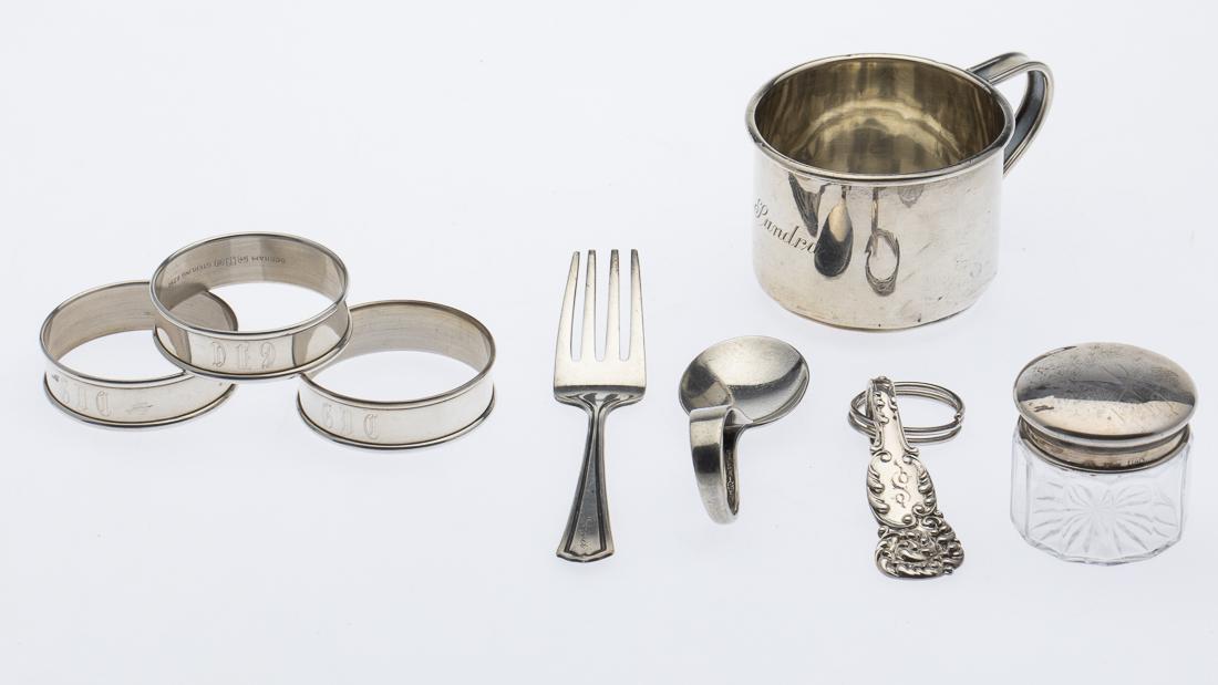 3 Sterling Baby Articles and 5 Others: Property of a Private Collection, Savannah, GA comprising one International Sterling child's cup engraved 'Sandra', one child's fork marked 'sterling' and engraved 'Jacques', one Webster Co. child's s