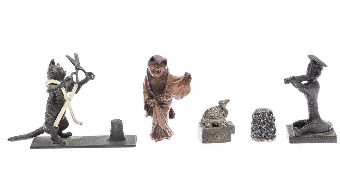 4 Asian Table Articles and a Metal Cat: Property of a Private Collection, Savannah, GA comprising a composite cat figure netsuke with chip to bottom, a sterling silver thimble decorated with cats, 2 metal seal stamps one turtle and duck for
